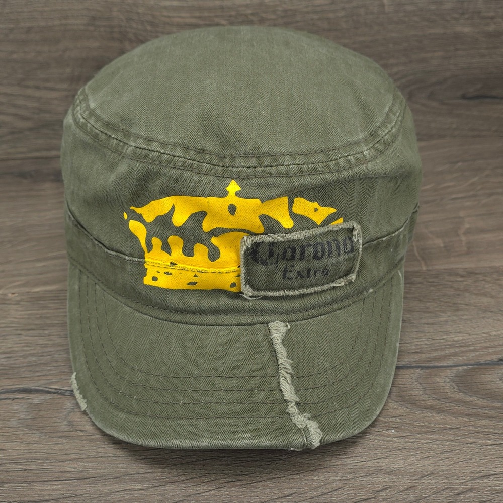 Corona Hat Cap Fitted Green Mens Extra Beer Logo Military Cadet Style Distressed